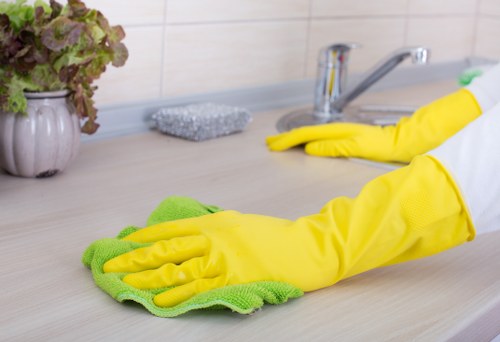 Technician checking carpet cleaning area for hazards and safety